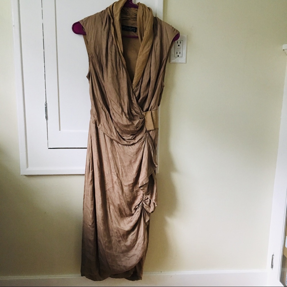 All Saints Spitalfield Silk Dress Tan Taupe Draped